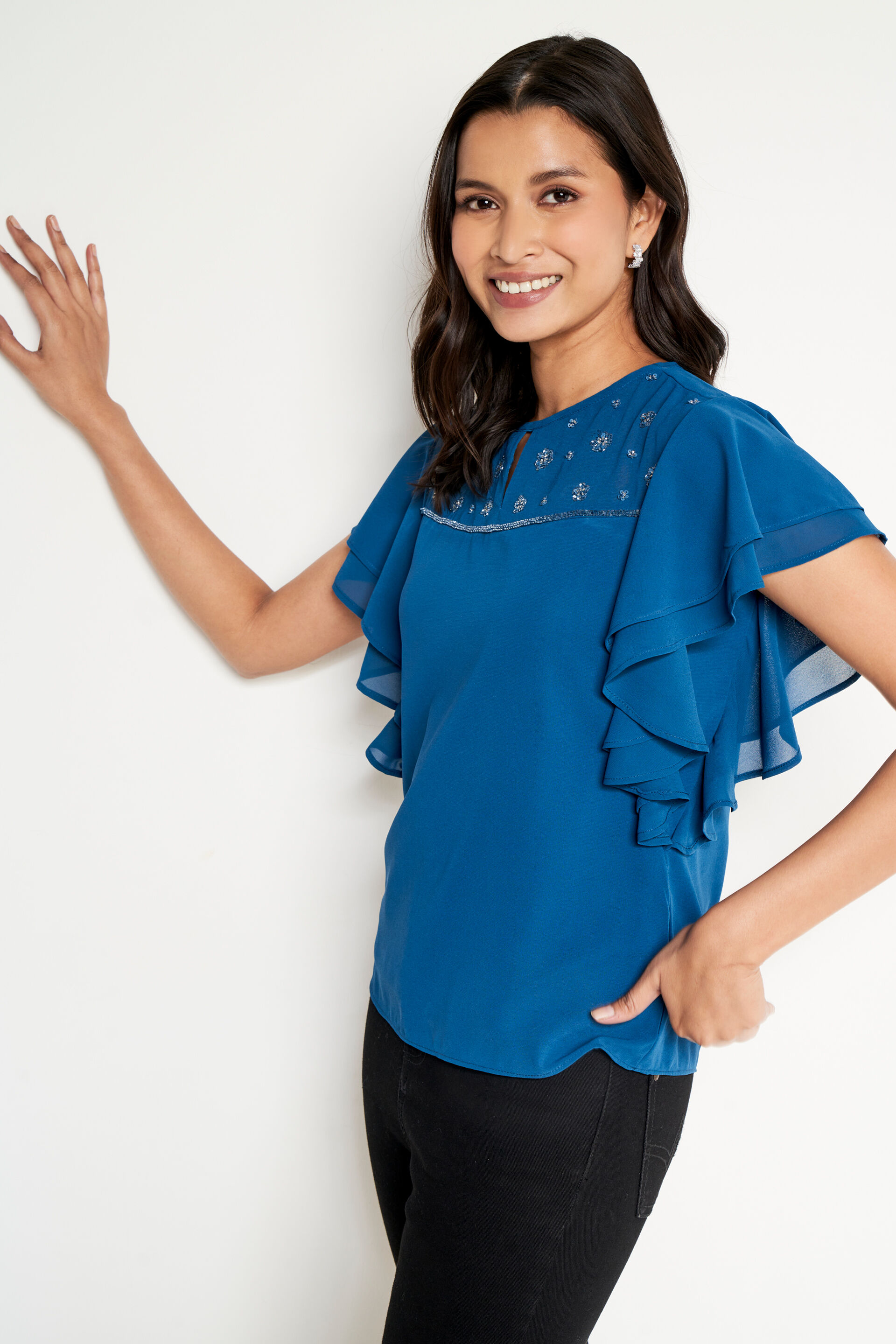 Teal Embellished Yoke Top, Teal, image 3